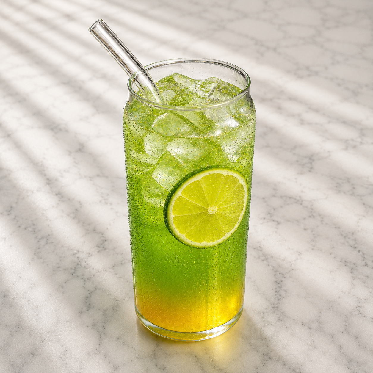 A glass of mango-flavored drink with a lime slice on a marble surface
