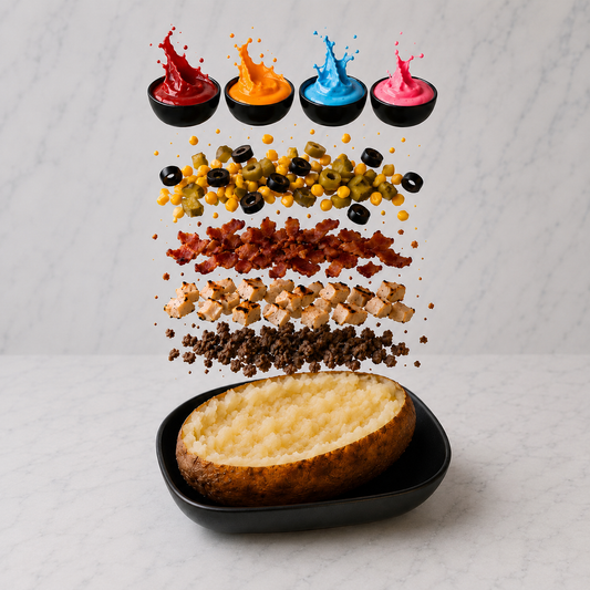 Baked potato with colorful toppings on a gray background