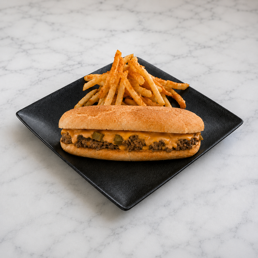 BeefSub with fries on a black square plate against a marble background