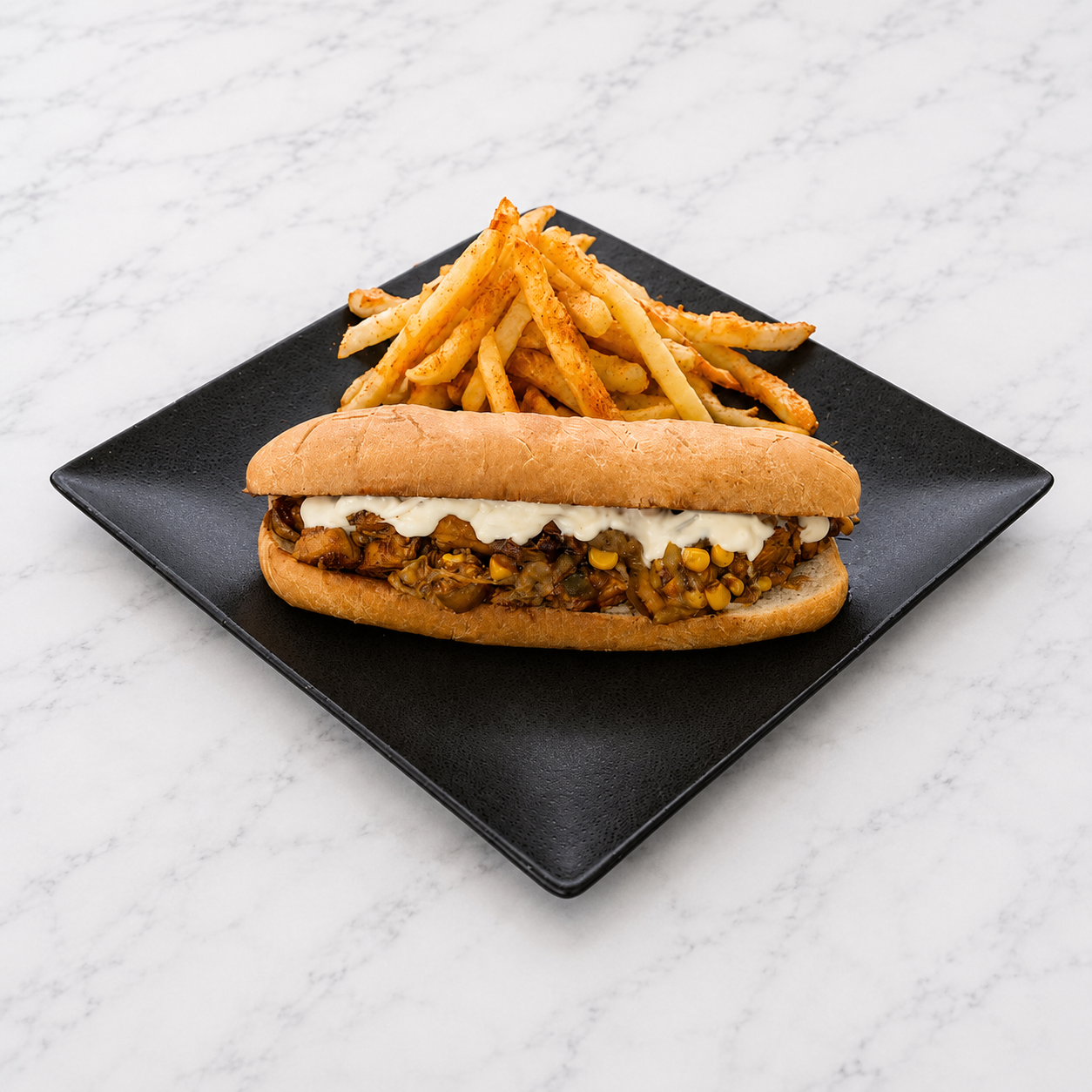 Chicken Sub with fries on a black plate against a light gray background