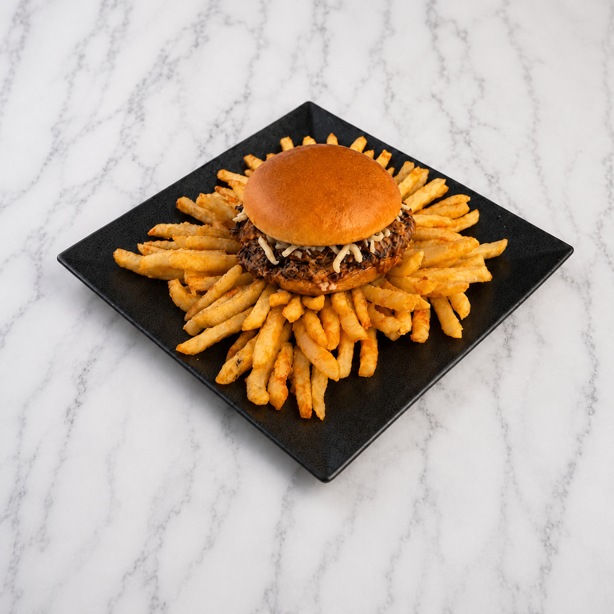 Crazy Beef Burger on a bed of fries on a black plate with a marble background