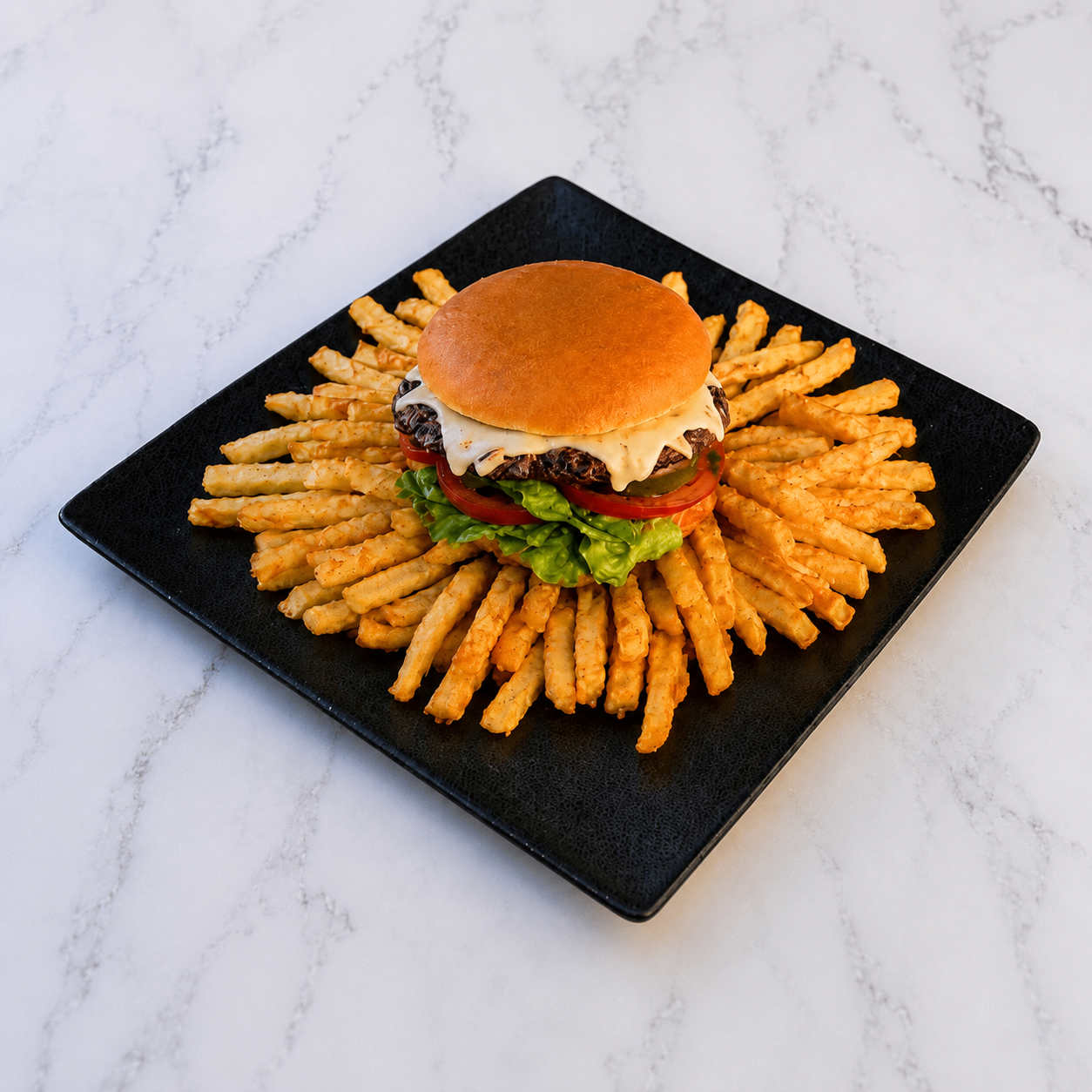 FactoryBeef Hamburger on a bed of fries on a black plate with a marble background