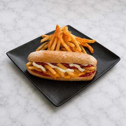 FriesSubs with fries on a black plate against a marble background