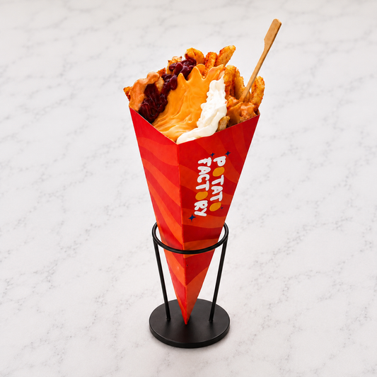 GoldenConeFries in a red cone with 'Potato Factory' branding on a light gray background