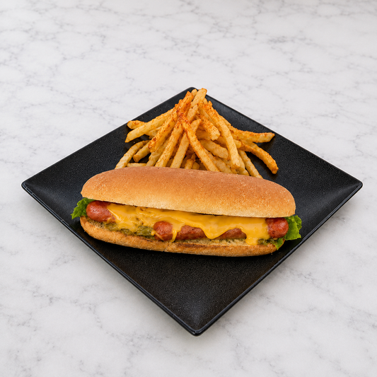 Hot dog sub with cheese and lettuce on a bun with fries on a black plate against a marble background