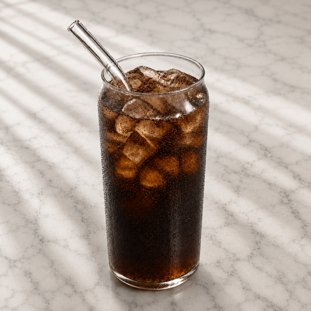 Glass of iced soda with a straw on a marble surface