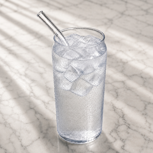 A glass of water with ice and a straw on a marble surface